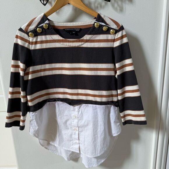 Veronica Beard Bertie Cotton Layered Top in Charcoal Multi M - Picture 7 of 14